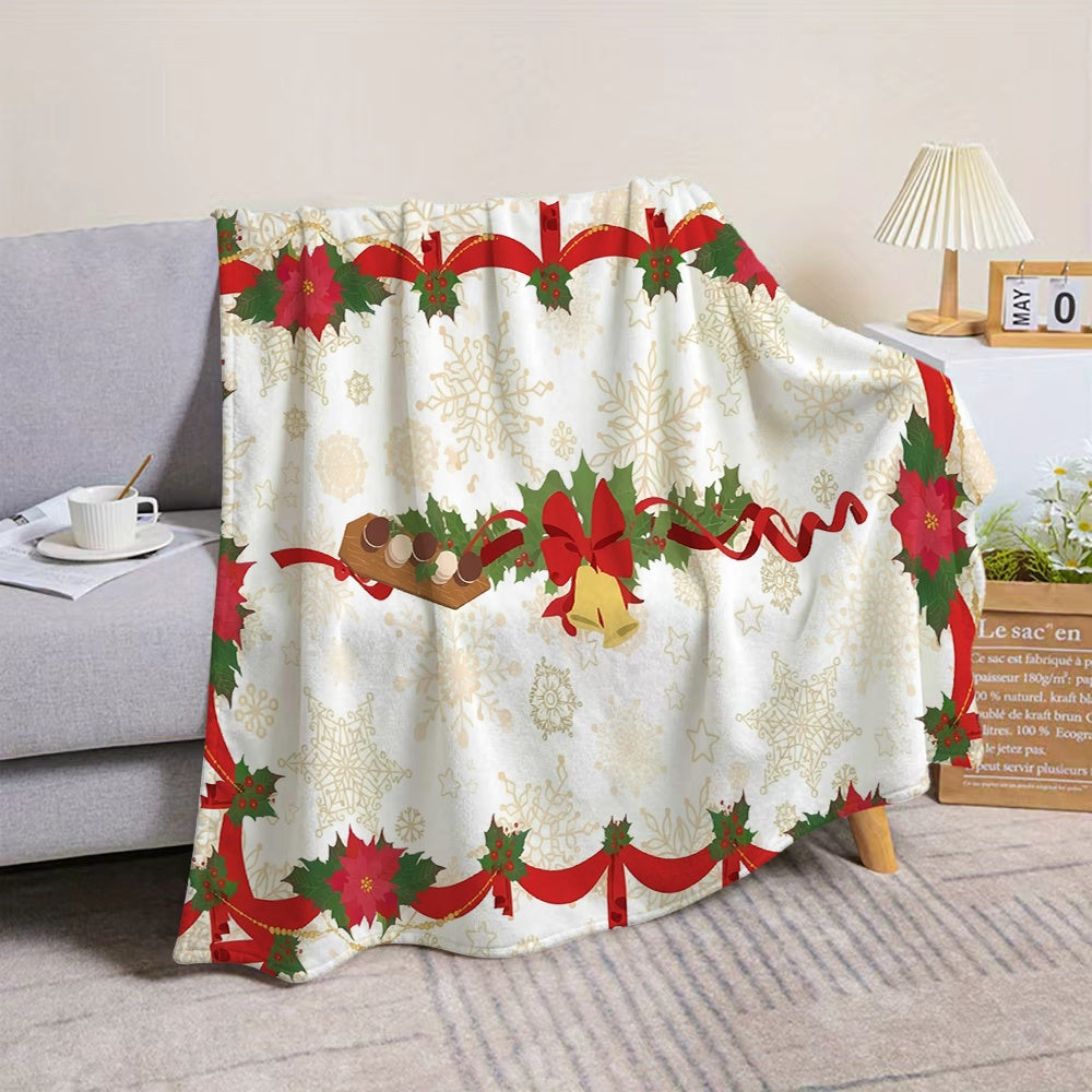 1pc Christmas Holiday Red Bow And Holly Wreath Pattern Flannel Blanket, Soft Comfortable Warm, White Background with Golden Snowflakes Design, All-Season Blanket, Warm Cover, Multiple Sizes Available, Suitable for Living Room Sofa
