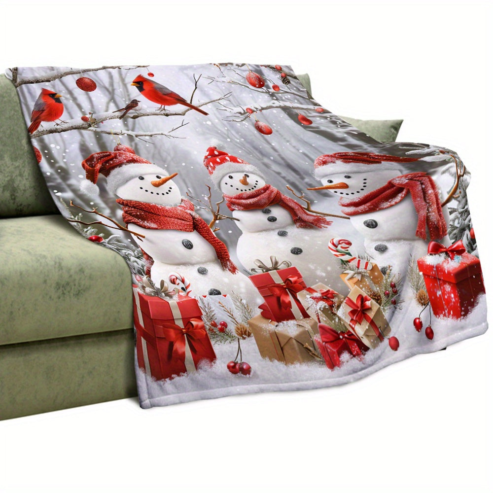 1pc Snowman And Gift Box Pattern Christmas Theme Beige Flannel Large Blanket, Winter Decor Design, Large Plush Throw Blanket, Suitable for Weekend Sofa Naps, Bedroom Bed Use, Living Room Sofa Blanket