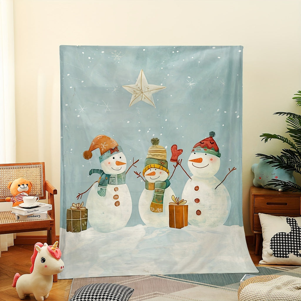 1pc Snowman And Gift Box Christmas Theme Blue Flannel Oversized Blanket, Winter Decor Design, Large Plush Throw, Suitable for Home Nap, Movie Entertainment Time, Weekend Sofa Relaxation