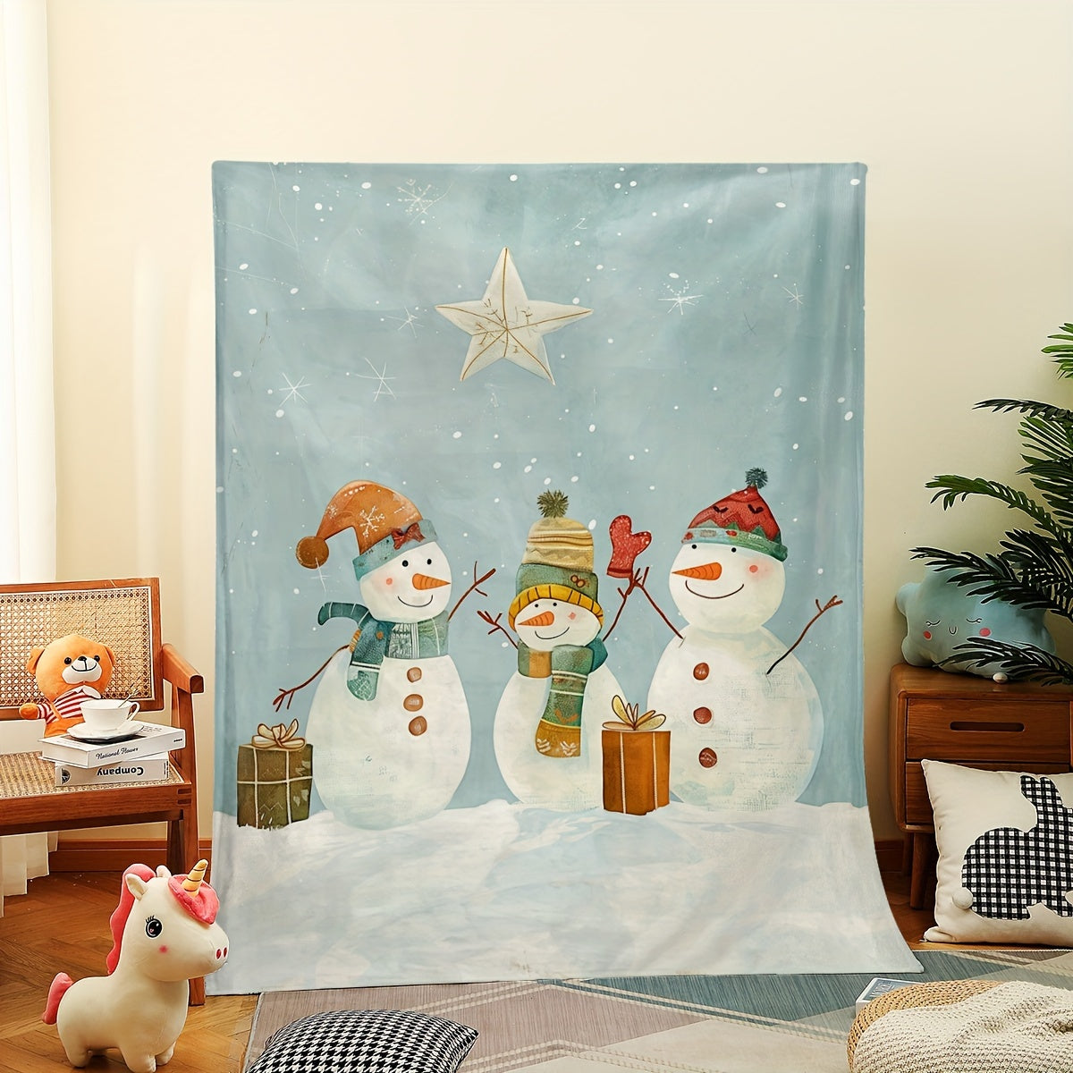 1pc Snowman And Gift Box Christmas Theme Blue Flannel Oversized Blanket, Winter Decor Design, Large Plush Throw, Suitable for Home Nap, Movie Entertainment Time, Weekend Sofa Relaxation