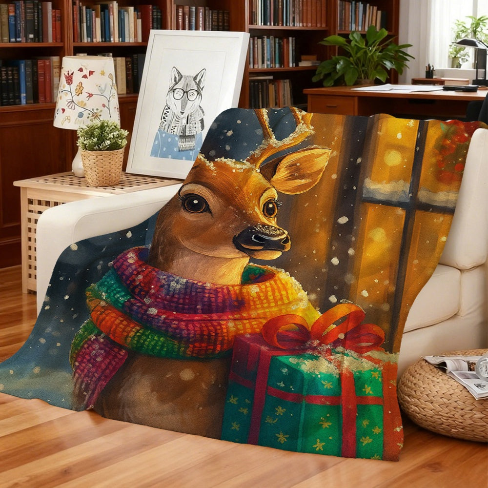 1pc Christmas Reindeer and Gift Box Pattern Colorful Flannel Blanket, Festive and Cozy Design, Soft Plush Surface for All Seasons, Suitable for Reading Time, Weekend Sofa Naps, and Holiday Home Decor