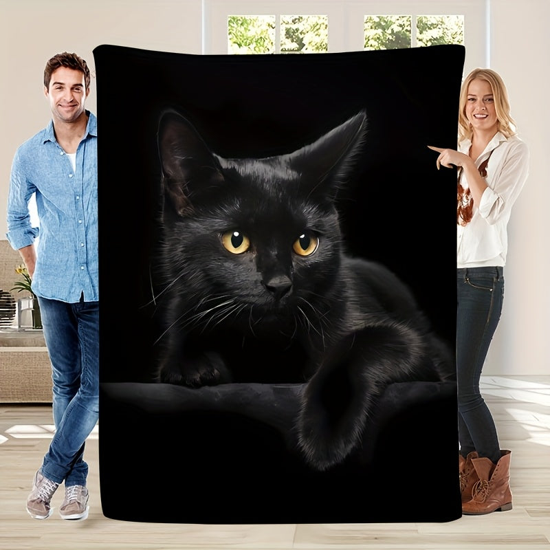 1pc Black Cat Print Blanket, Simple and Elegant Throw Blanket, Super Warm Soft and Comfortable Flannel Blanket, Multiple Sizes Available, Suitable for Living Room, Bedroom, Sofa, Office