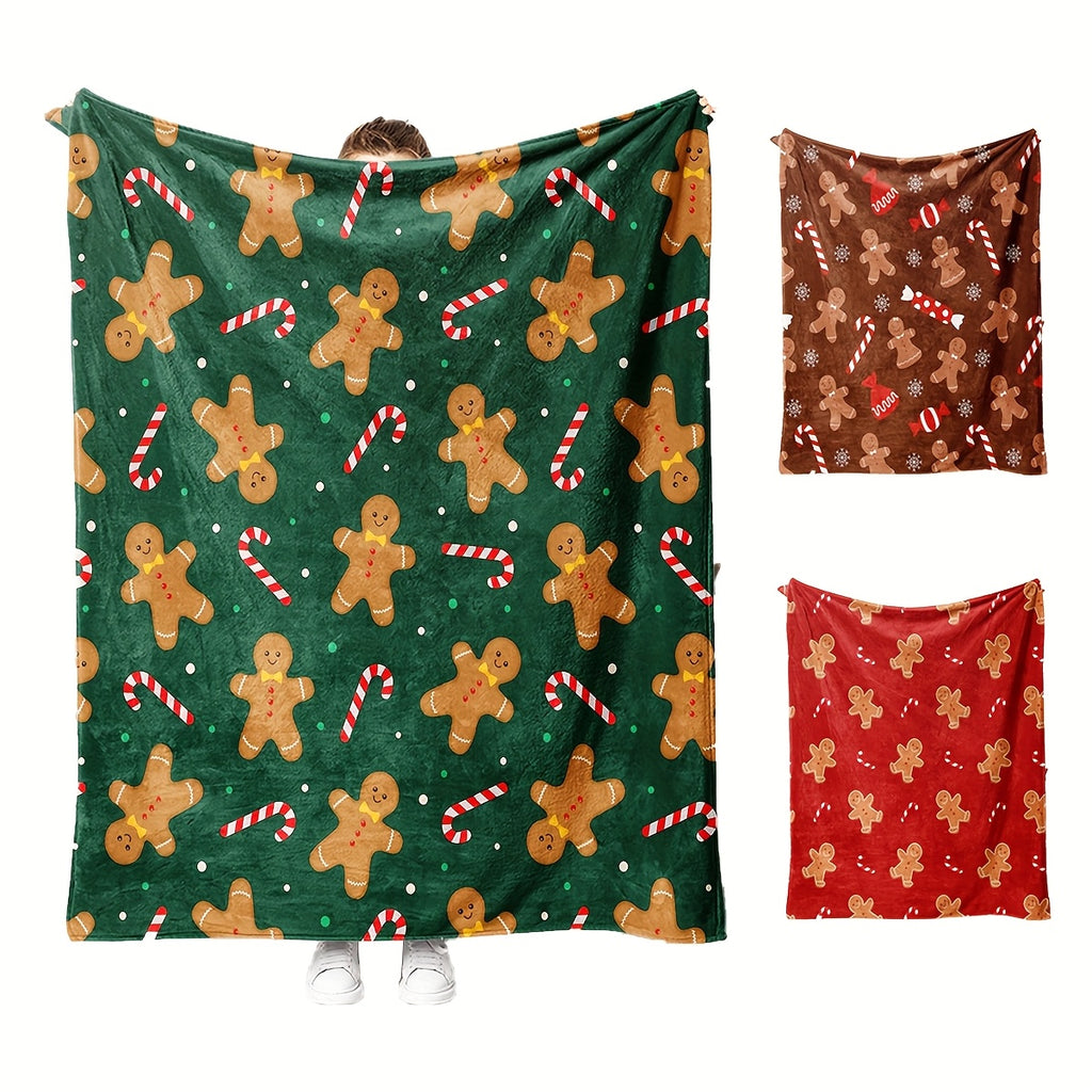 -1pc Winter Christmas Atmosphere Gingerbread Man Blanket, Red Flannel Blanket with Candy Cane Pattern, Color Digital Print, Machine Washable, Thickened Soft Thermal Blanket, Air-Conditioned Room Blanket, Home And Office Thermal Nap Blanket