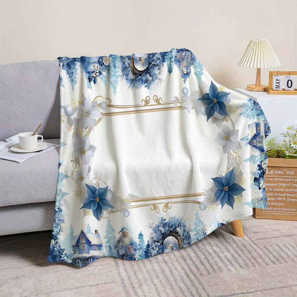 1pc Christmas Blue Golden Floral And Snowman Pattern Flannel Blanket, Soft Comfortable Warm, White Background with Blue And Golden Design, All-Season Sofa Blanket, Warm Cover, Multiple Sizes Available, Suitable for Living Room Sofas, Bedroom