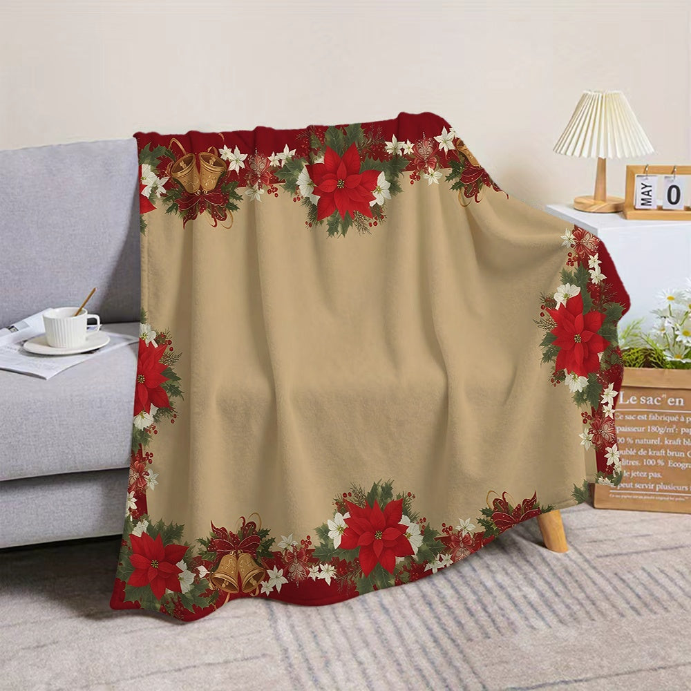 1pc Christmas Red and Golden Bell with Poinsettia Pattern Flannel Blanket, Soft, Comfortable, and Warm, Beige Base with Red Border Design, All-season Universal Sofa Throw, Warm Lap Blanket, Multiple Sizes Available, Suitable for Living Room Sofas