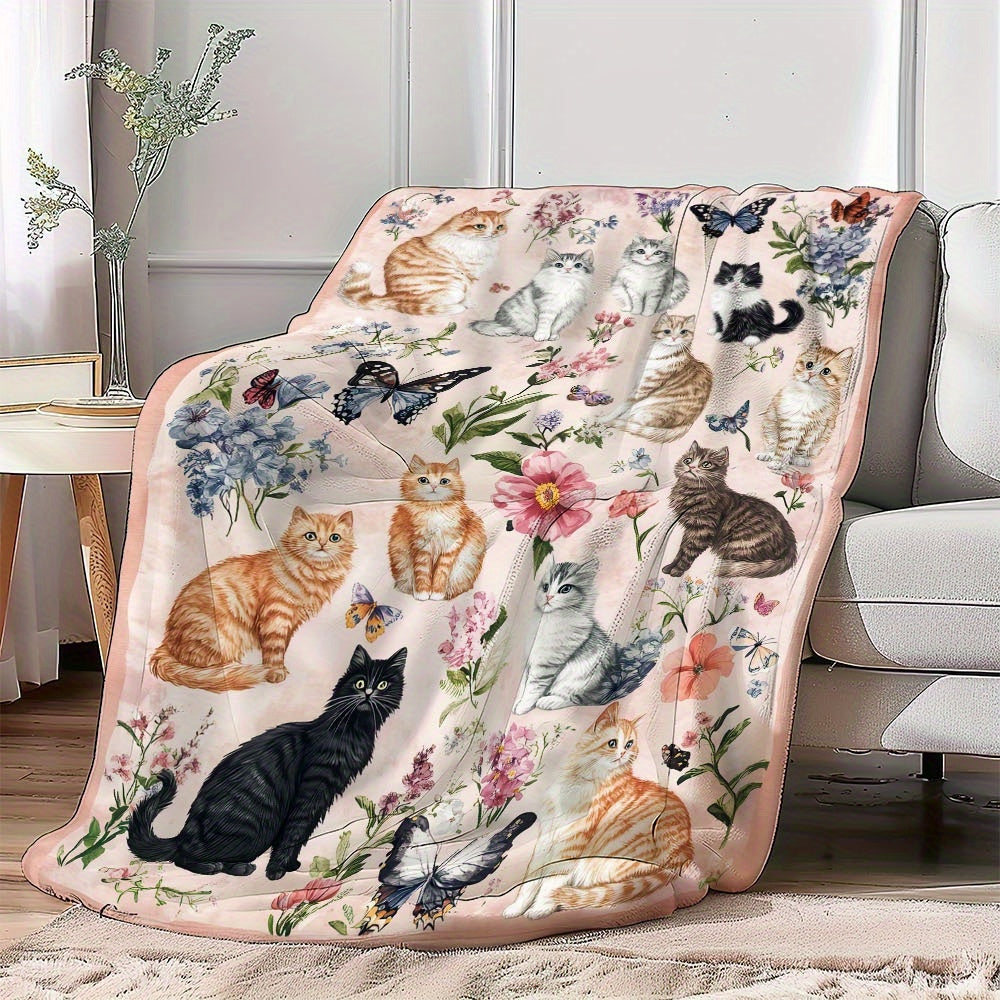 1pc Cozy Soft Fluffy Fleece Throw Blanket with Cute Cats And Floral Design - Light Pink Background, 250-300Gsm Polyester, Perfect for Couch, Sofa, Bed, Living Room - All-Season Comfort, Ideal Gift, Cat