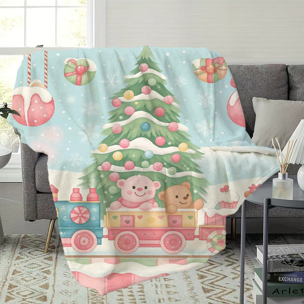 1pc, 2D Flat Christmas Tree And Little Bear Train Theme Flannel Blanket, Soft Comfortable Warm, Blue Pink Festive Design, Durable Plush, All Seasons, Warm Cover, Suitable for Weekend Sofa Naps, Reading Time, Bedroom Bed Use