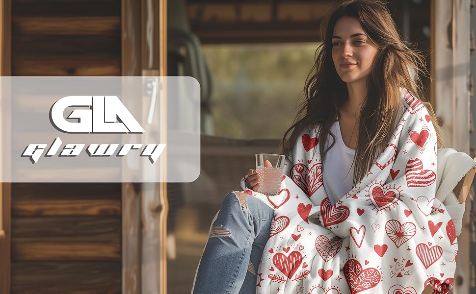 Glawry Valentine's Day Throw Blanket for, 50x60 Inch, Red and White Hearts Romantic Romance Holiday Cute Modern Graffiti for Lovers Couples Soft Cozy Flannel Blankets for Sofa Couch Chair