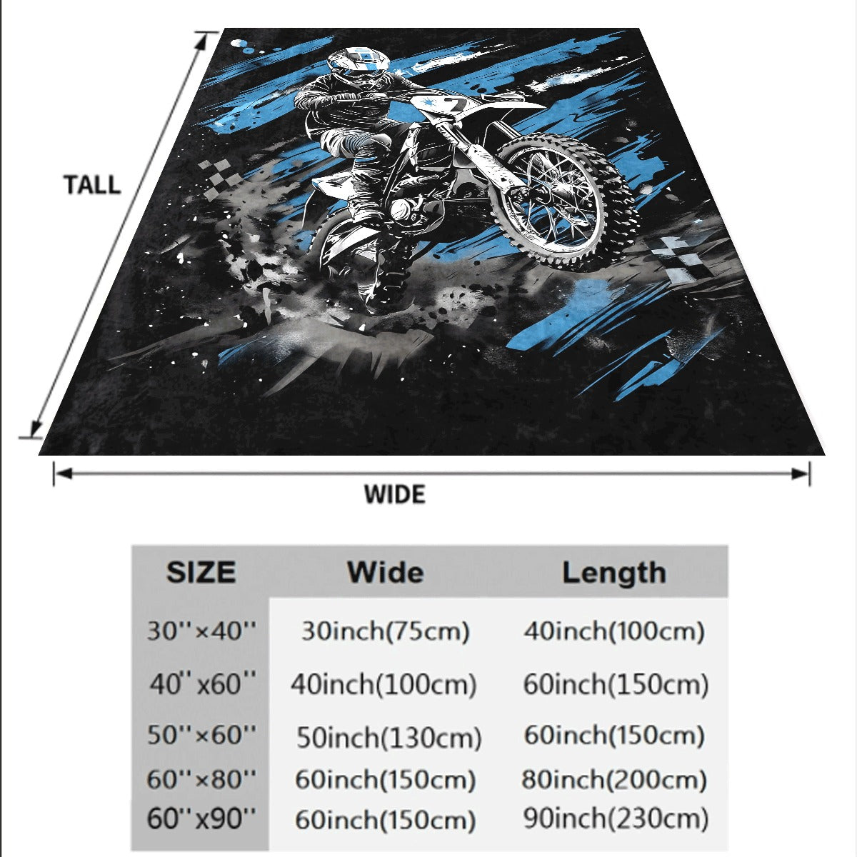 Flannel Blanket ? Single Piece ? Motorcycle Lovers Design ? Cozy Fleece Material ? Vibrant Motocross Rider & Dirt Bike Graphics ? Black, Blue, White, Gray Splashes ? Ideal for Home Decoration, Camping, Travel