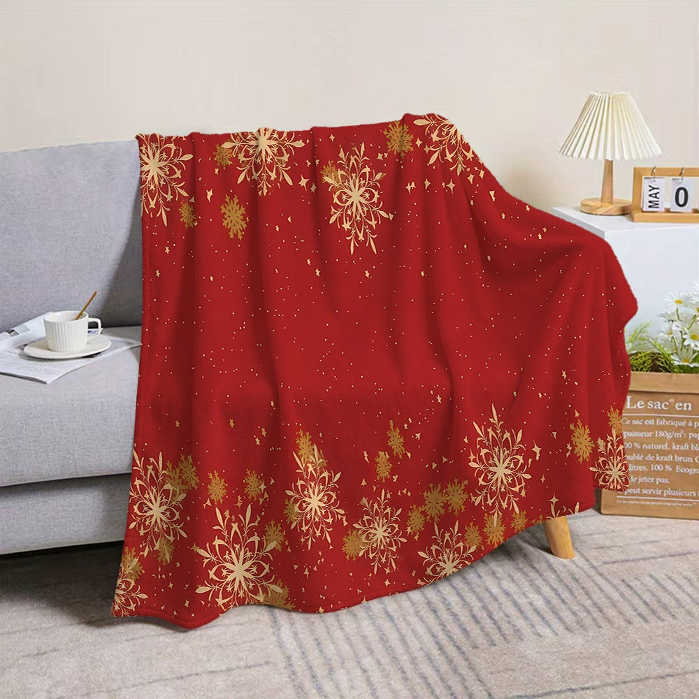 1pc of Golden Snowflake and Star Pattern Christmas-themed Flannel Blanket, Soft, Comfortable, and Warm, with a Red Design. A Four-season Universal Blanket and Warm Throw Blanket, Available in Multiple Sizes. Suitable for Living Room Sofas