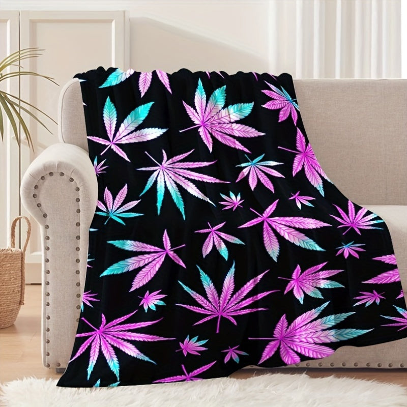 1pc Flannel Blanket with Leaf Pattern | Soft Four Seasons Shawl, Black and Purple, Modern Home Decoration, Fashion Room Decoration, Birthday Gift Christmas Halloween Thanksgiving Gift
