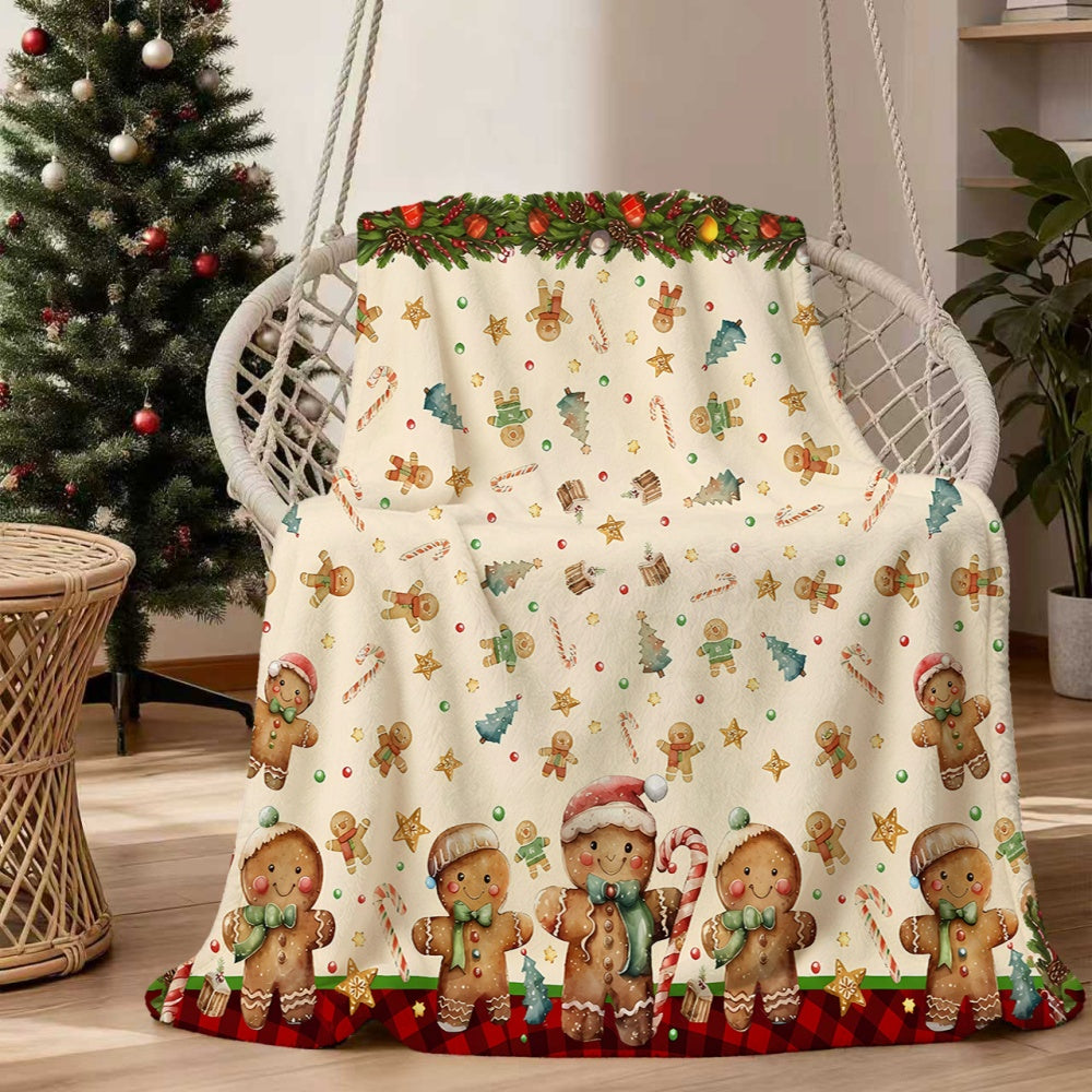 1pc Christmas Gingerbread Man And Holiday Wreath Pattern Flannel Blanket, Soft Comfortable Warm, Beige Base Design, All-Season Sofa Blanket, Warm Throw Blanket, Multiple Sizes Available, Suitable for Living Room Sofa, Bedroom, Reading Corner
