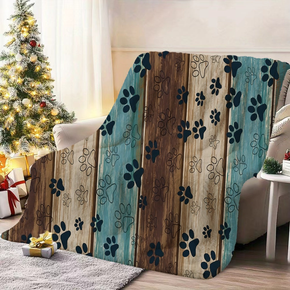 1pc of Wood Grain and Paw Print Patterned Blanket, Vintage-style Design, Soft Plush Surface, Lightweight and Durable Flannel Material, Available in Multiple Sizes, Perfect for Holiday Gatherings, Living Room Lounging, Bedroom Sleep, Study Reading