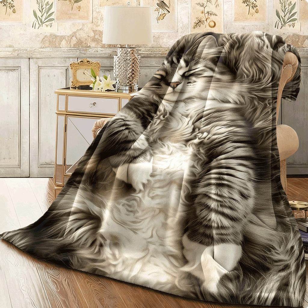 1pc Extra Large Norwegian Forest Cat Blanket Super Soft Flannel-Like All-Season Throw with Realistic Tabby Cat Design (Grey White Brown), Thick Paws & Texture Machine Washable Couch Bedspread for