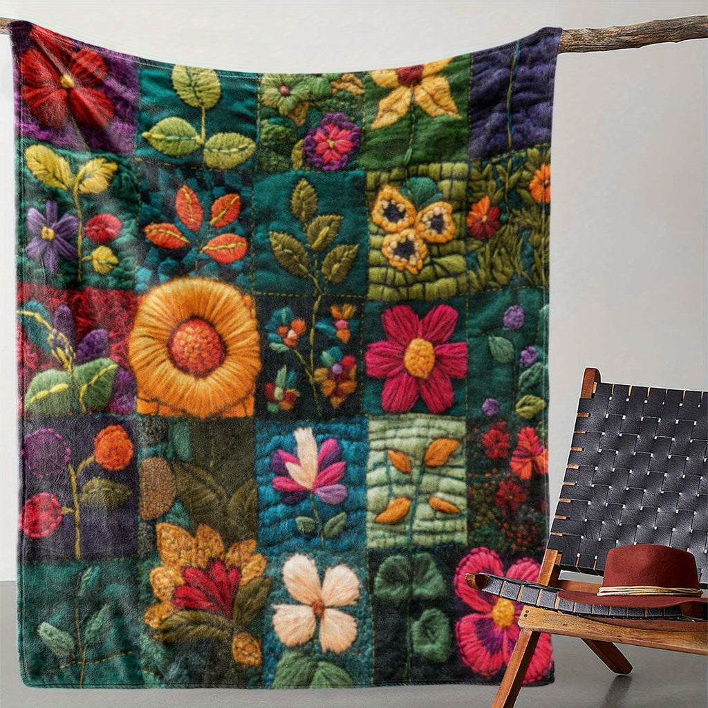 1pc Floral Embroidered Flannel Blanket, Soft, Comfortable, and Warm, Colorful Vintage Design, Durable Plush Surface, All-Season Bed Blanket, Warm Throw Blanket, Multiple Sizes Available, Suitable for Living Room Sofa, Bedroom Headboard