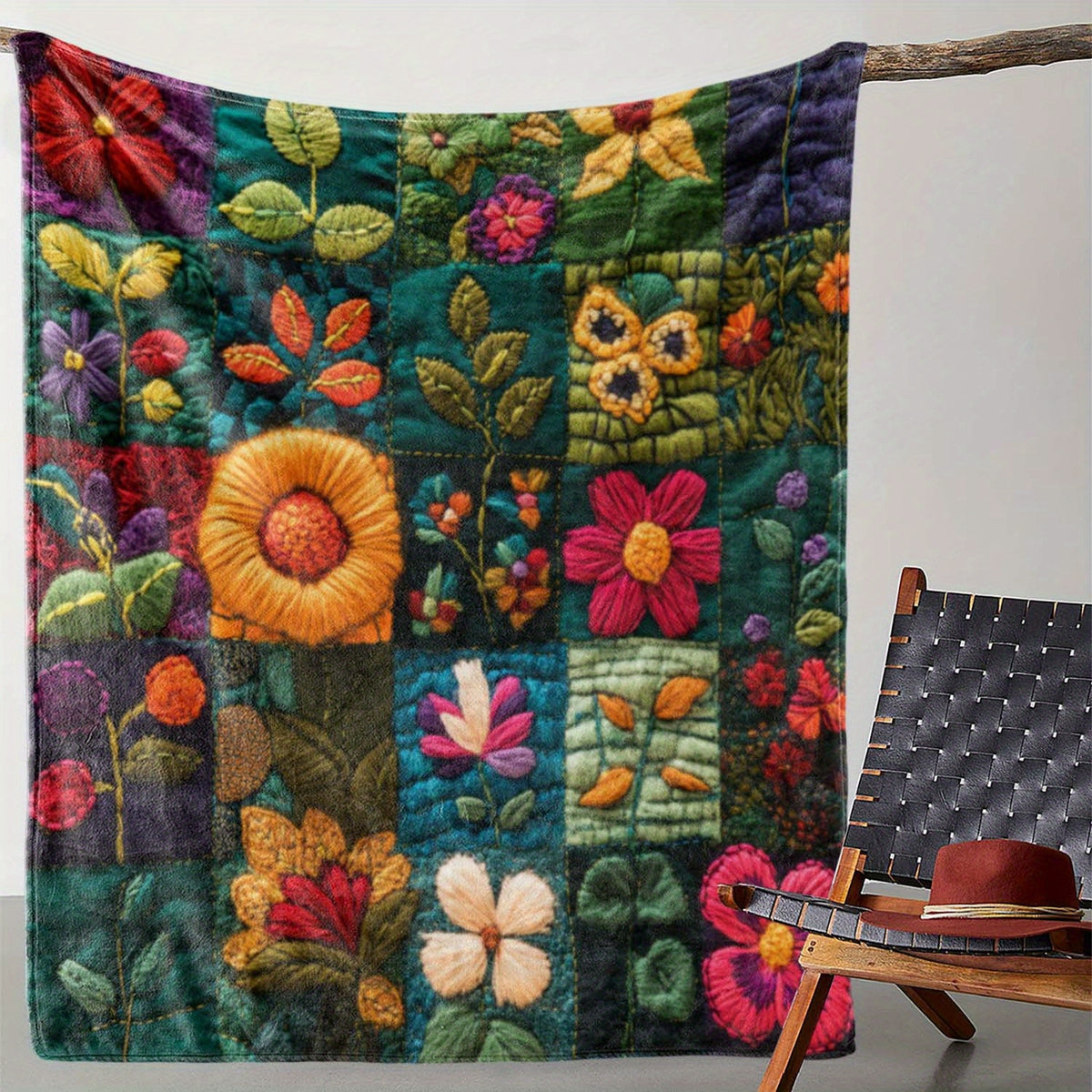 1pc Floral Embroidered Flannel Blanket, Soft, Comfortable, and Warm, Colorful Vintage Design, Durable Plush Surface, All-Season Bed Blanket, Warm Throw Blanket, Multiple Sizes Available, Suitable for Living Room Sofa, Bedroom Headboard