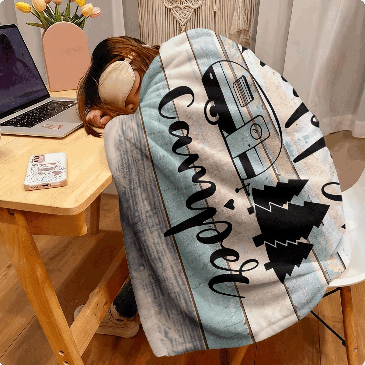 1pc Cozy Flannel Throw Blanket Featuring a Happy Camper Design, Machine Washable, Crafted with Quilted Details, Digitally Printed, Versatile for All Seasons, Made of Polyester, Perfect for Use on Sof