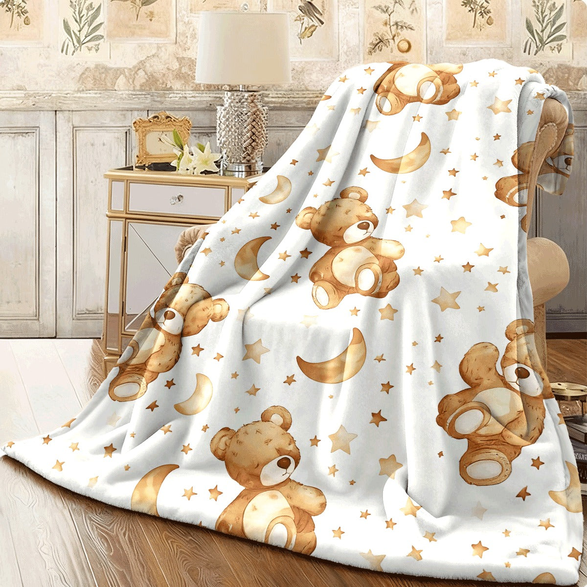 1pc Cozy Teddy Bear Moon & Stars Watercolor Print Flannel Blanket Soft Warm All-Season Throw with Plush Texture, Contemporary Style, Durable Polyester, Perfect for Home, Camping, Office Ideal