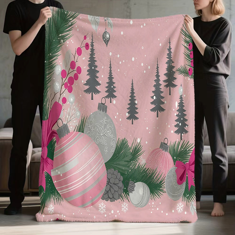 1pc Christmas Pine Tree And Ball Pattern Pink Flannel Blanket, Soft Comfortable Warm, Winter Design, All-Season Sofa Blanket, Warm Cover, Multiple Sizes Available, Suitable for Living Room Sofa, Bedroom, Reading Corner, Leisure Time