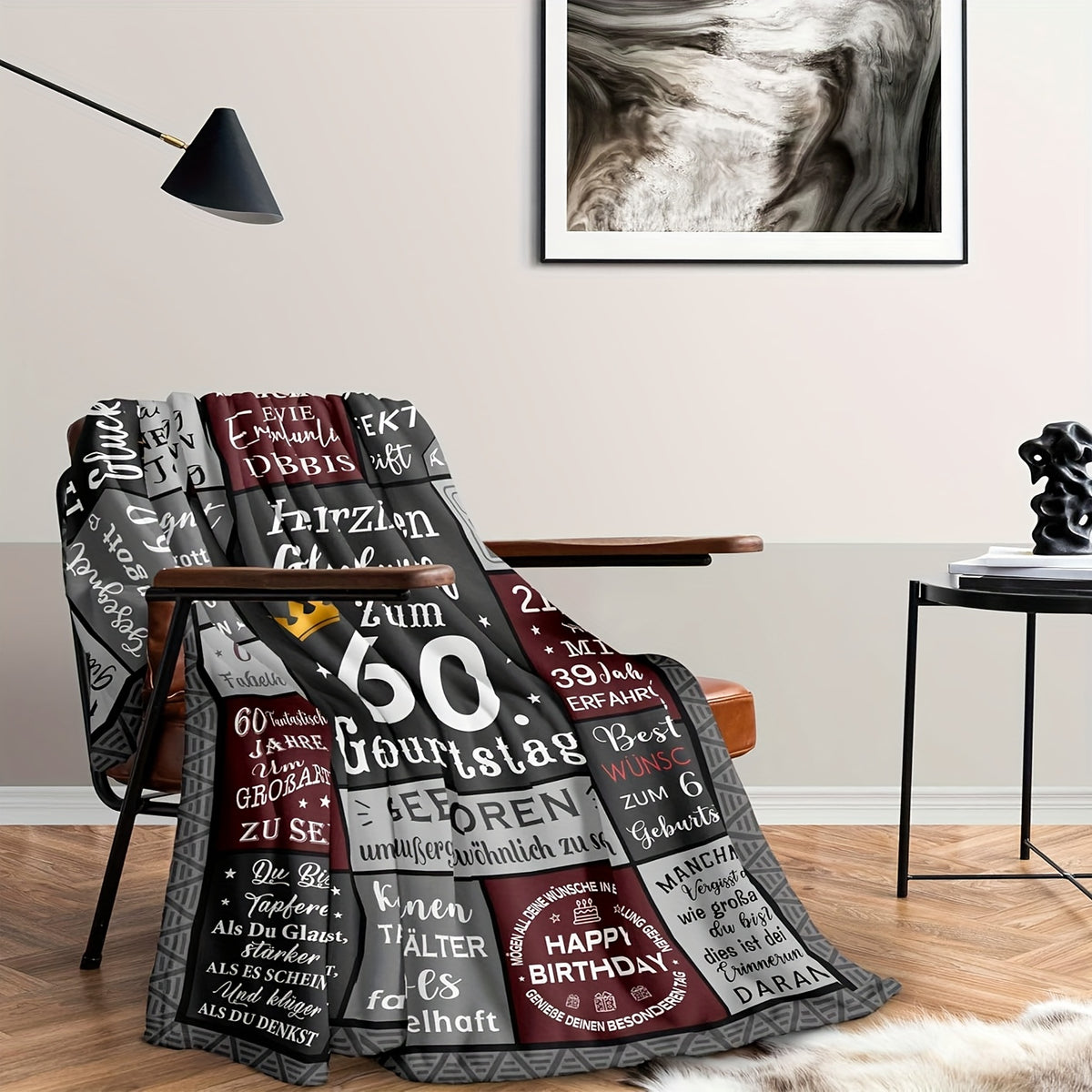 1pc 60th Birthday Gift for Men - German Text & Number 60 Design Soft Flannel Throw Blanket - 60 Year Milestone Keepsake for Dad, Husband - All-Season or Couch Cover - Machine Washable 60th Birthday Party Decorations
