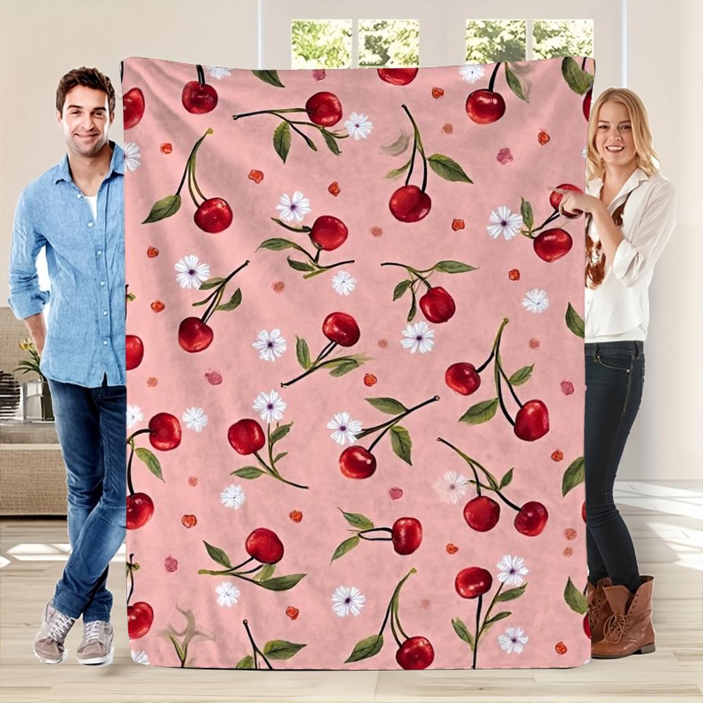 1pc a Flannel Blanket Featuring Cherry Blossoms And Cherry Prints - a Soft, Lightweight Throw Suitable for All Seasons, in Pink with Red Cherries And White Flowers. It'S a Modern Perfect for a Sofa,, Or Camping