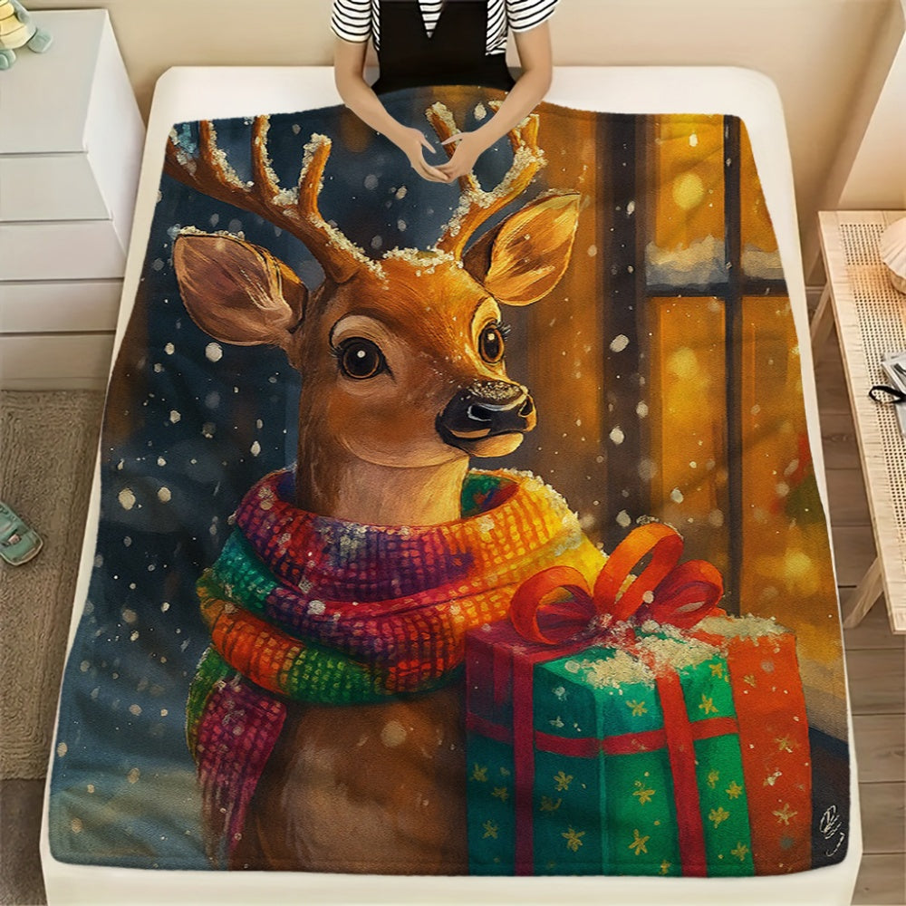1pc Christmas Reindeer and Gift Box Pattern Colorful Flannel Blanket, Festive and Cozy Design, Soft Plush Surface for All Seasons, Suitable for Reading Time, Weekend Sofa Naps, and Holiday Home Decor