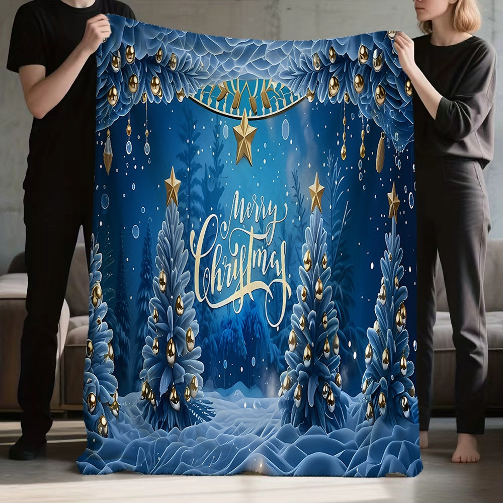 1pc Christmas Blue Pine Tree And Golden Star Pattern Flannel Blanket, Soft Comfortable Warm, Deep Blue Main Color Design, All-Season Sofa Blanket, Warm Cover, Multiple Sizes Available, Suitable for Living Room Sofa, Bedroom, Reading Corner