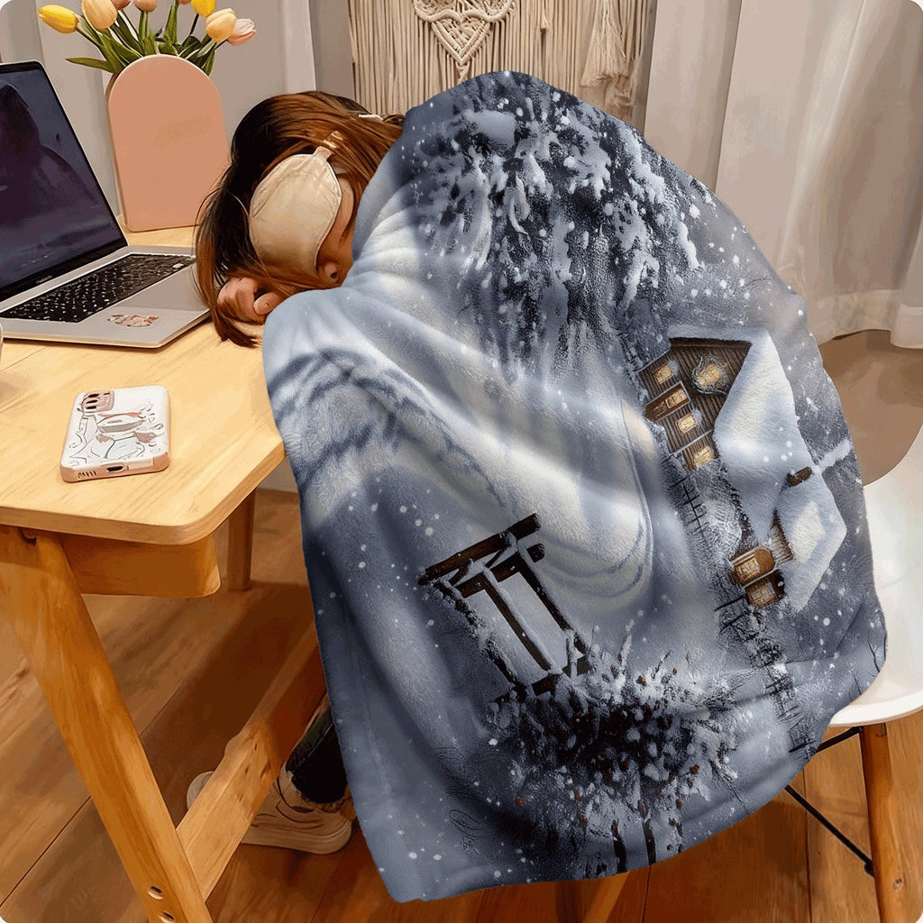 1pc 1pcs Winter Wonderland Fluffy Blanket Cozy Snowy Cabin Scene with Snow-Covered Trees & Falling Snowflakes Soft Flannel All-Season Thick Warm Spread for Sofa Travel Camping Winter