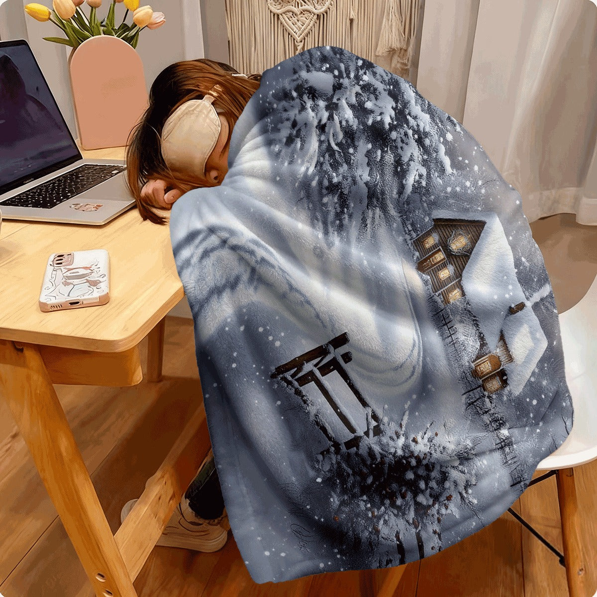 1pc 1pcs Winter Wonderland Fluffy Blanket Cozy Snowy Cabin Scene with Snow-Covered Trees & Falling Snowflakes Soft Flannel All-Season Thick Warm Spread for Sofa Travel Camping Winter