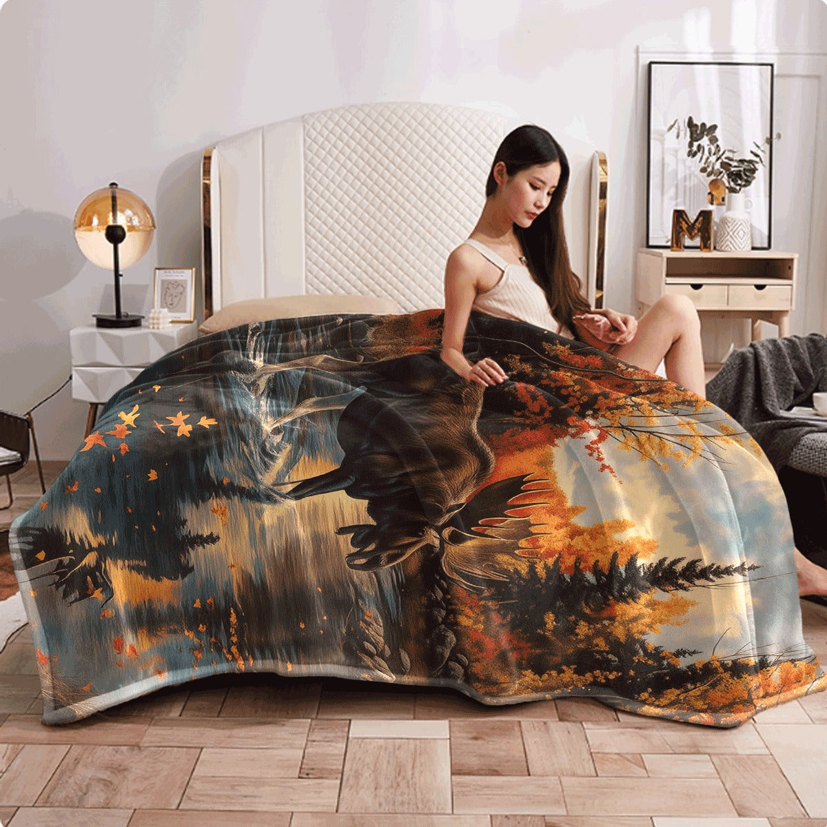 1pc Soft Warm Flannel Throw Blanket Moose in Autumn Forest with Fall Foliage All-Season Couch Office Travel Machine Washable Cozy Gift for Nature Lovers Rustic Cabin Decor in Orange Y