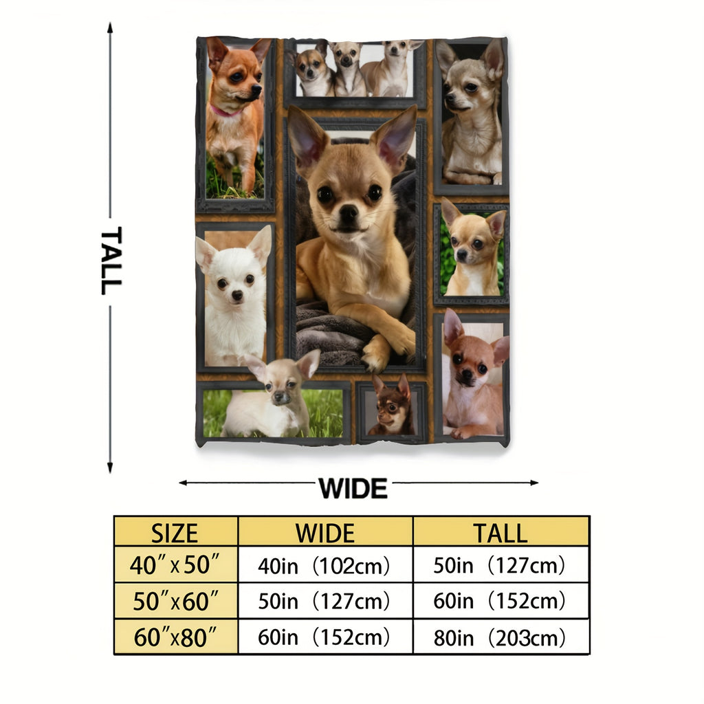 1pc Vintage Style Chihuahua Dog Print Flannel Blanket - Soft Warm All-Season Throw with Multi-Color Animal Design, Hand Wash Only for Couch Sofa Bed Office Camping Travel, Cozy Home Decor Gift, Dog Blanket, Durable Fabric, Pet Owners