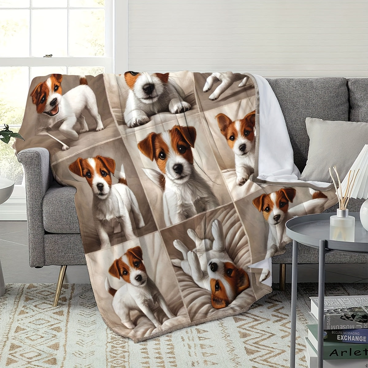 1pc Jack Russell Terrier Pattern Flannel Blanket, Soft Comfortable Warm, Beige And Brown Design, Durable Plush, All-Season Bed Blanket, Warm Cover, Multiple Sizes Available, Suitable for Living Room Sofa, Bedroom Bed, Reading Corner, Leisure Time