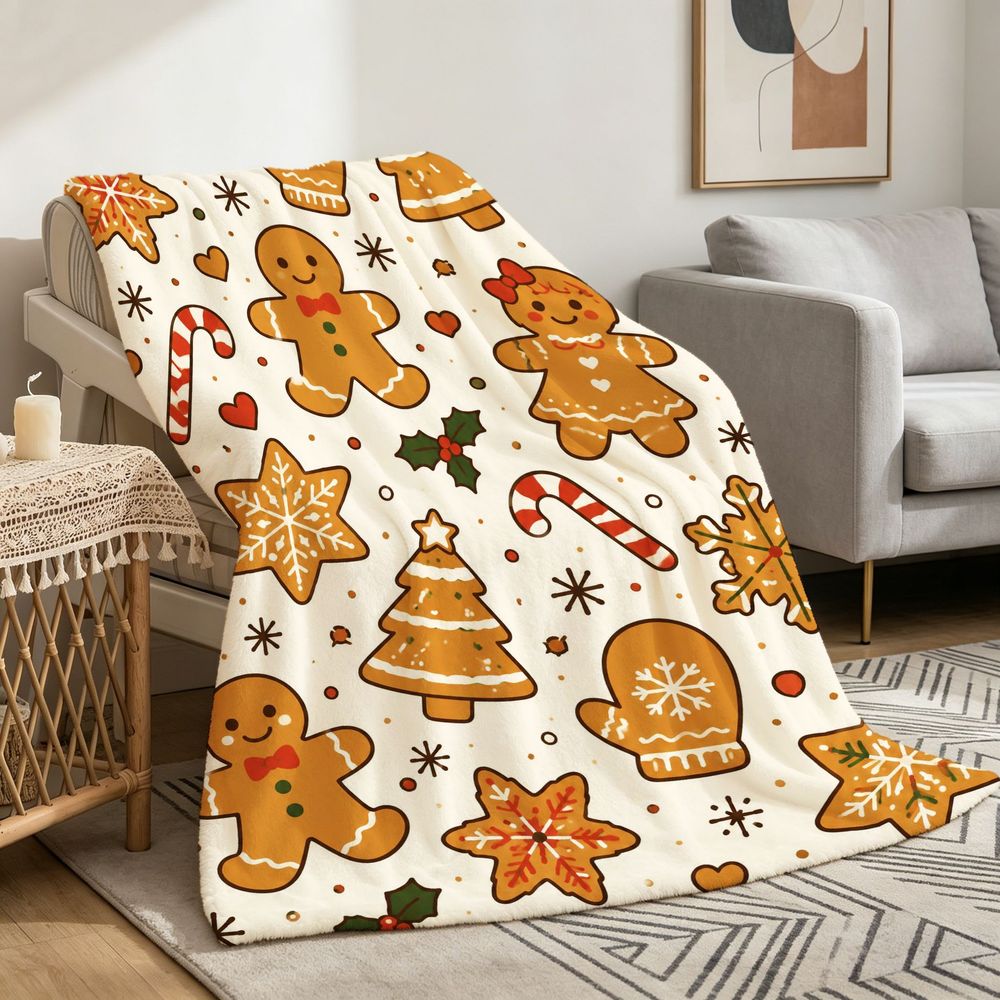 1pc Gingerbread for Man and Christmas Tree Beige Themed Flannel Large Blanket, Winter Holiday Decorative Design, Large Plush Throw Blanket, Suitable for Home Naps, Reading Time, and Living Room Sofa Cover