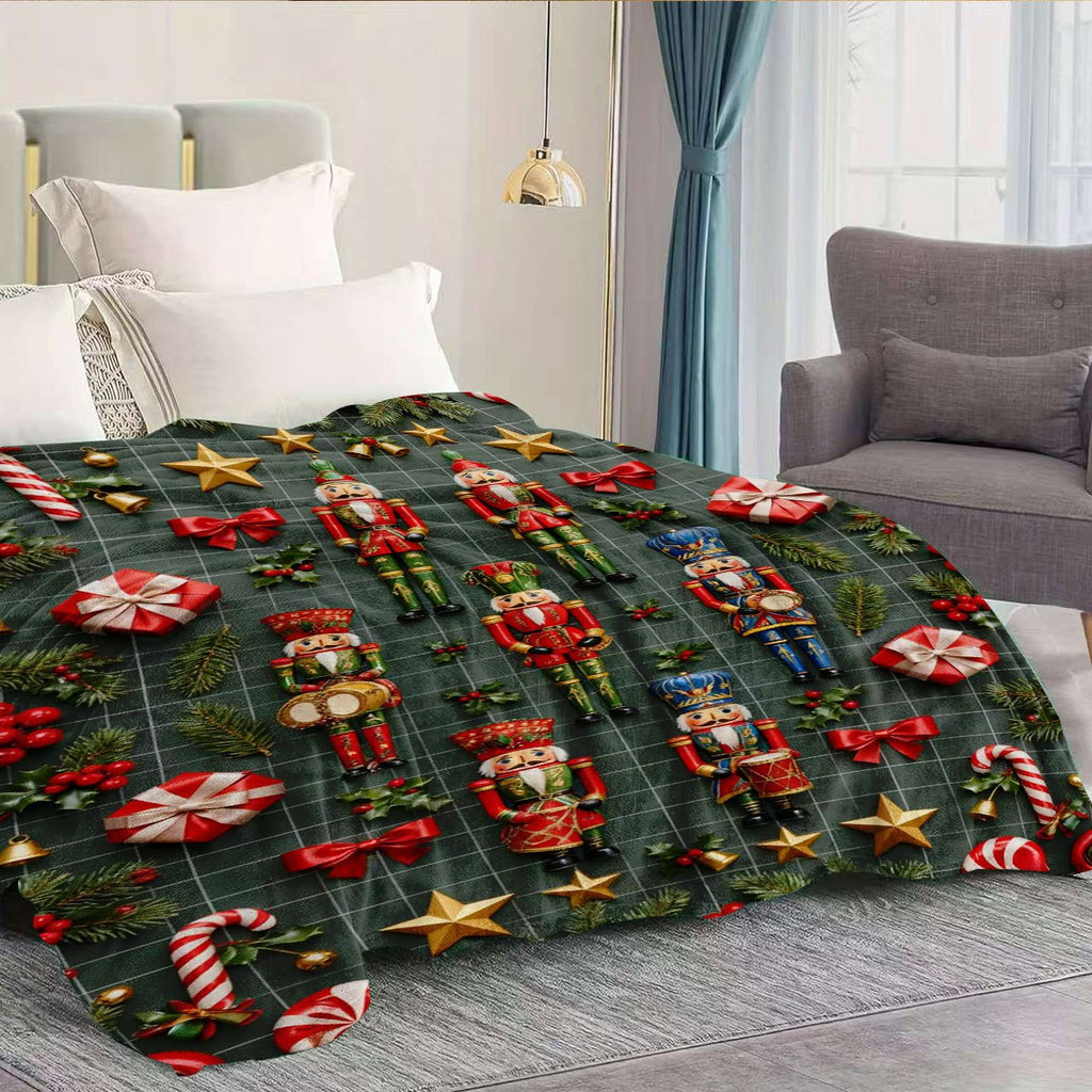 Christmas Nutcracker and Holiday Gift Themed Green Flannel Blanket, Soft, Comfortable, and Warm, Red and Golden Decorative Style Design, Durable Plush Surface, All-Season Universal Bed Blanket, Warm Throw Blanket, Multiple Sizes Available
