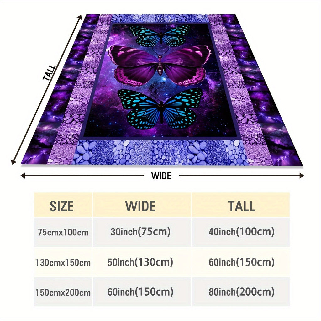 Purple Butterfly Flannel Blanket- Modern Style Reversible Digital Print Animal Theme, Suitable for All Seasons, Multifunctional Microfiber Bedding, Machine Washable- Moon Palace