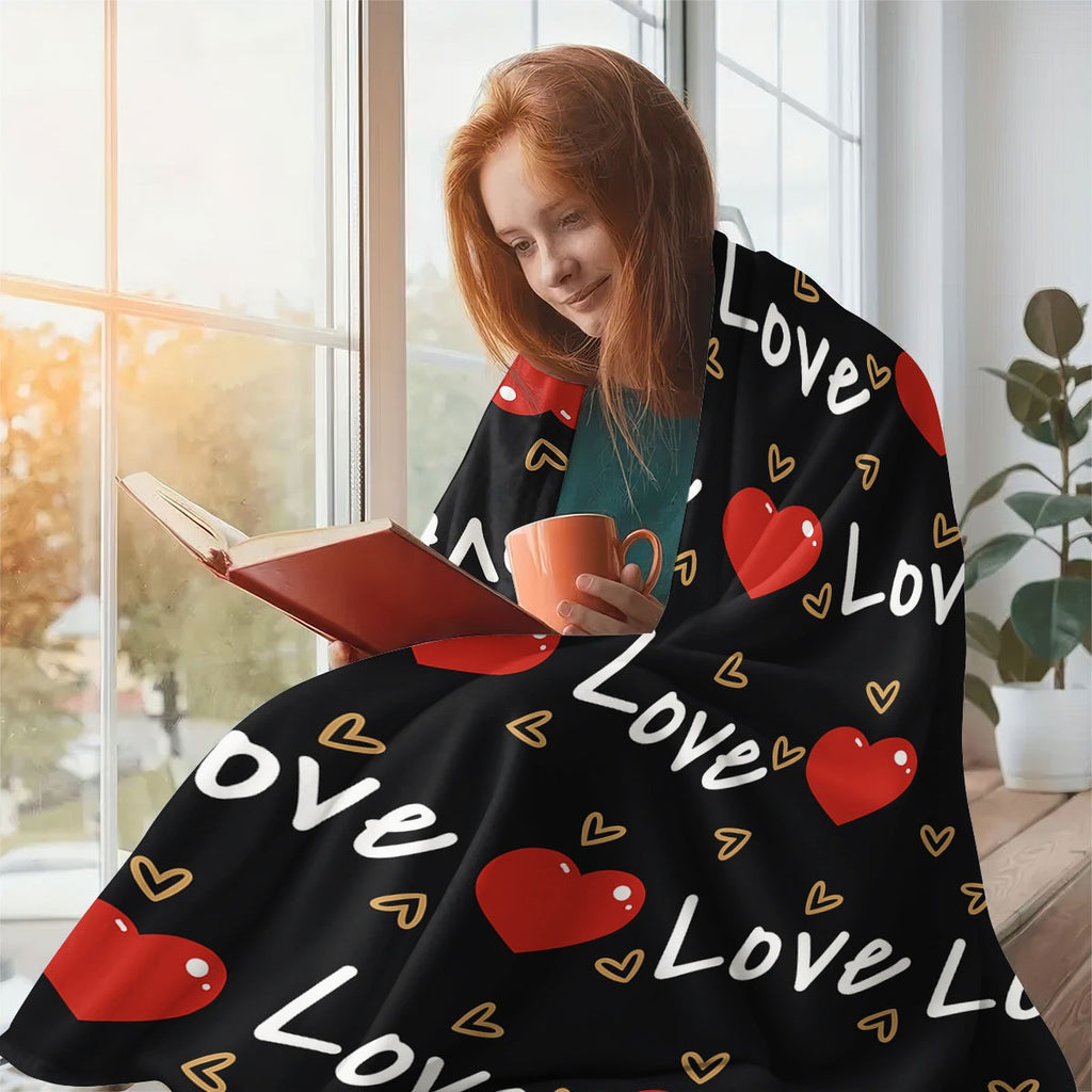 1pc Love Print Flannel Blanket | Soft Warm All-Season Quilted Throw with Red Hearts & Love Lettering, Plush Polyester Bedspread for Napping, Camping, Travel, Home Decor - Ideal Valentine'S Day Gift, Cozy Bedding, Romantic Theme