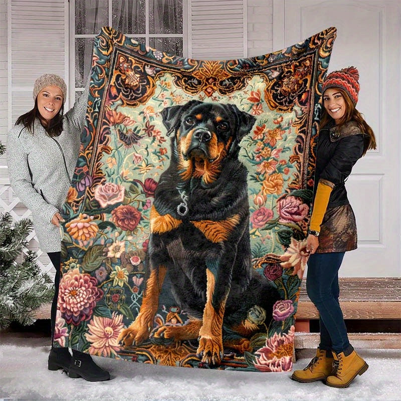 1pc Rottweiler Floral Pattern Flannel Blanket, Soft Comfortable Warm, Retro Floral Design, Durable Plush, All-Season Bed Blanket, Warm Cover, Multiple Sizes Available, Suitable for Living Room, Bedroom, Sofa, Balcony, And Courtyard