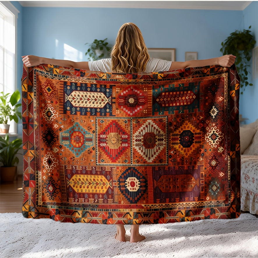 A Bohemian Geometric Patterned Fleece Blanket - Suitable for All Seasons, Soft And Warm, Perfect for Camping, Travel, Car, And Office Use - Machine Washable, Comfortable Home Decor, Vibrant Colors, Exquisite Pattern Craftsmanship, Modern Style