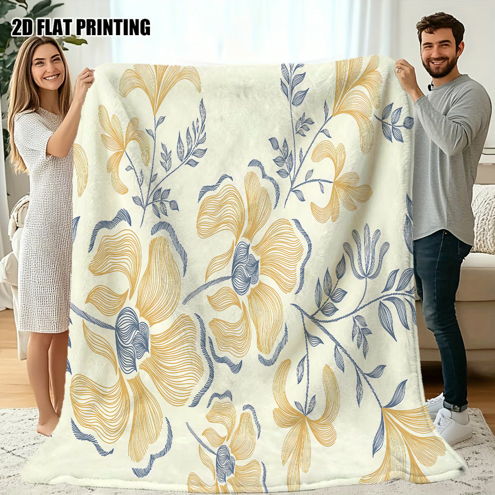 1pc Yellow and Blue Floral Pattern Blanket, Modern Minimalist Style Design, Soft Plush Surface, Lightweight and Durable Flannel Material, Multiple Sizes Available, Perfect for Holiday Gifting, Living Room Lounging, Bedroom Sleeping, Study Reading