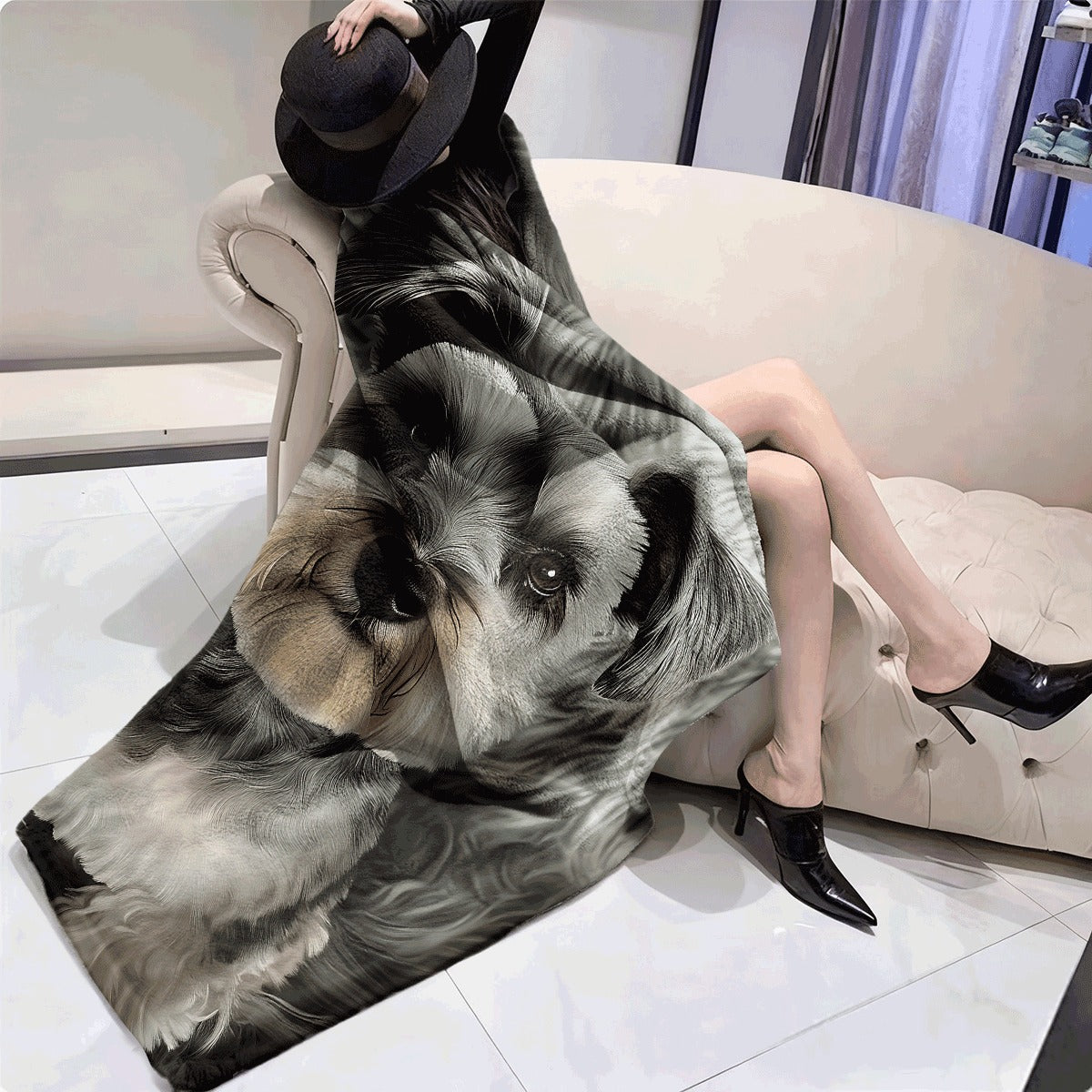 1pc Ultra-Soft Flannel Blanket with Cute Schnauzer Dog Print Cozy Warm Fabric for Sofa All-Season Snuggle Blanket for Pet Lovers