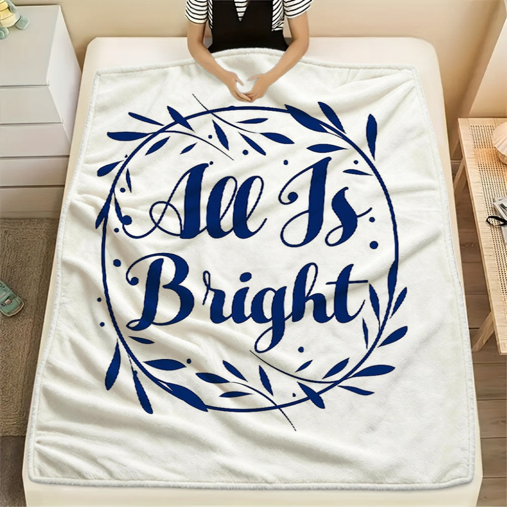 1pc "Jolly Bright" Blue Text And Foliage Pattern Cream Beige Flannel Blanket, Christmas Holiday Decor Design, Soft Plush All-Season Use, Suitable for Weekend Sofa Naps, Festive Home Decoration, And Dormitory Life