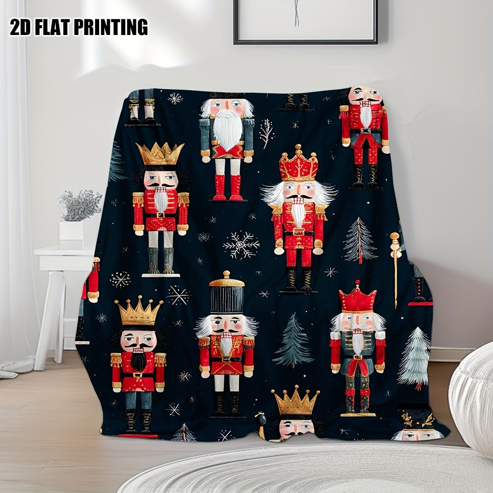 1pc 2D Flat Printed Christmas Double-sided Universal Blanket, Nutcracker Christmas Soldier, 100% Polyester Fabric Teachers' Day Gift, Suitable for a Wide Range of Scenarios, Very Suitable for Sofas, Naps, Air-conditioned Rooms, Camping, 2D Flat