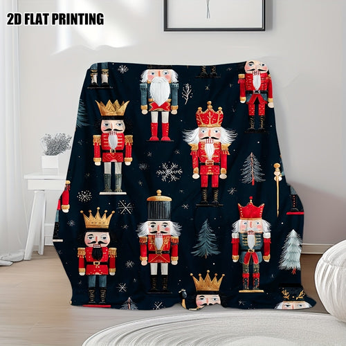 1pc 2D Flat Printed Christmas Double-sided Universal Blanket, Nutcracker Christmas Soldier, 100% Polyester Fabric Teachers' Day Gift, Suitable for a Wide Range of Scenarios, Very Suitable for Sofas, Naps, Air-conditioned Rooms, Camping, 2D Flat