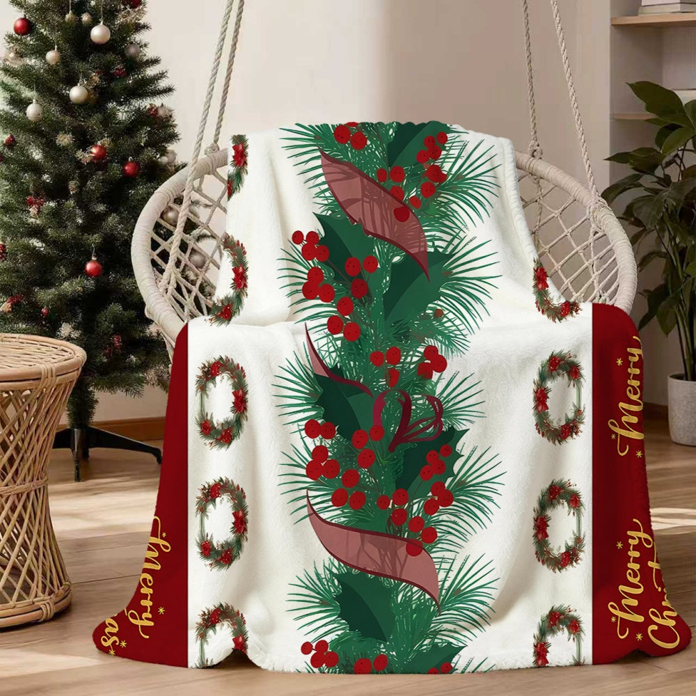 1 Christmas Flannel Blanket with Pine Branch, Red Berries, and Wreath Patterns. Soft, Comfortable, and Warm. Features a Red, White, and Green Color Scheme. A Versatile All-season Sofa Throw and Warm Lap Blanket. Available in Multiple Sizes