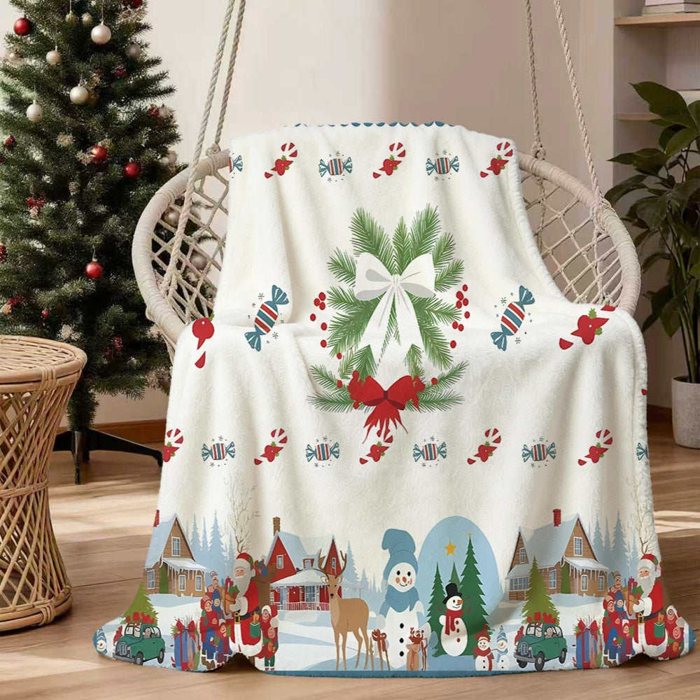1pc Christmas Holiday-themed Flannel Blanket with Pine Branch Wreath and Snowscape Pattern, Soft, Comfortable, and Warm, White Design, All-season Universal Sofa Throw, Warm Lap Blanket, Multiple Sizes Available, Suitable for Living Room Sofas