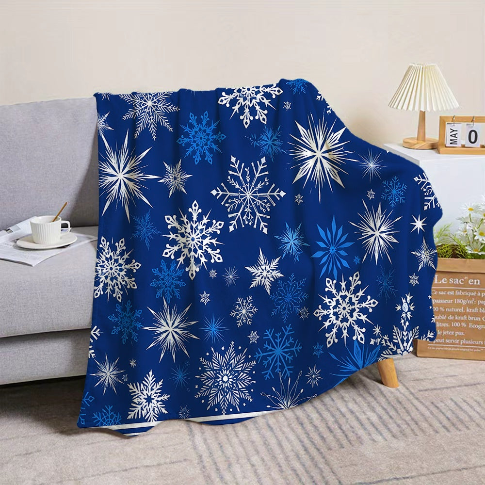 1pc Blue Snowflake-themed Flannel Blanket, Soft, Comfortable, and Warm, with a Dark Blue and White Design. A Four-season Universal Blanket and Warm Throw Blanket, Available in Multiple Sizes. Suitable for Living Room Sofas, Bedroom
