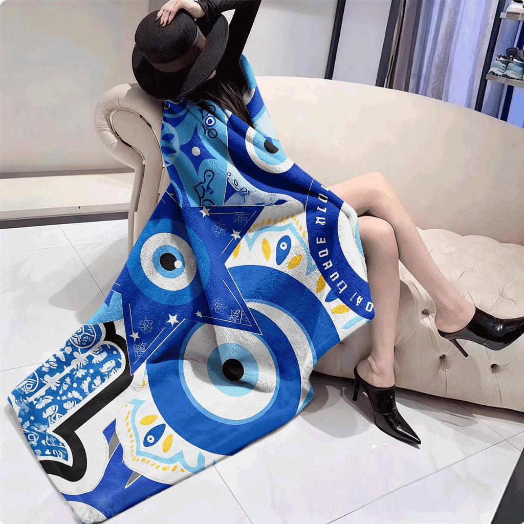 1pc Bohemian Style Flannel Blanket with Evil Eye And Star Pattern Ultra-Soft Warm Machine Washable All-Season Comfort for Sofa Travel Camping And Home Decor Blue And Black Design
