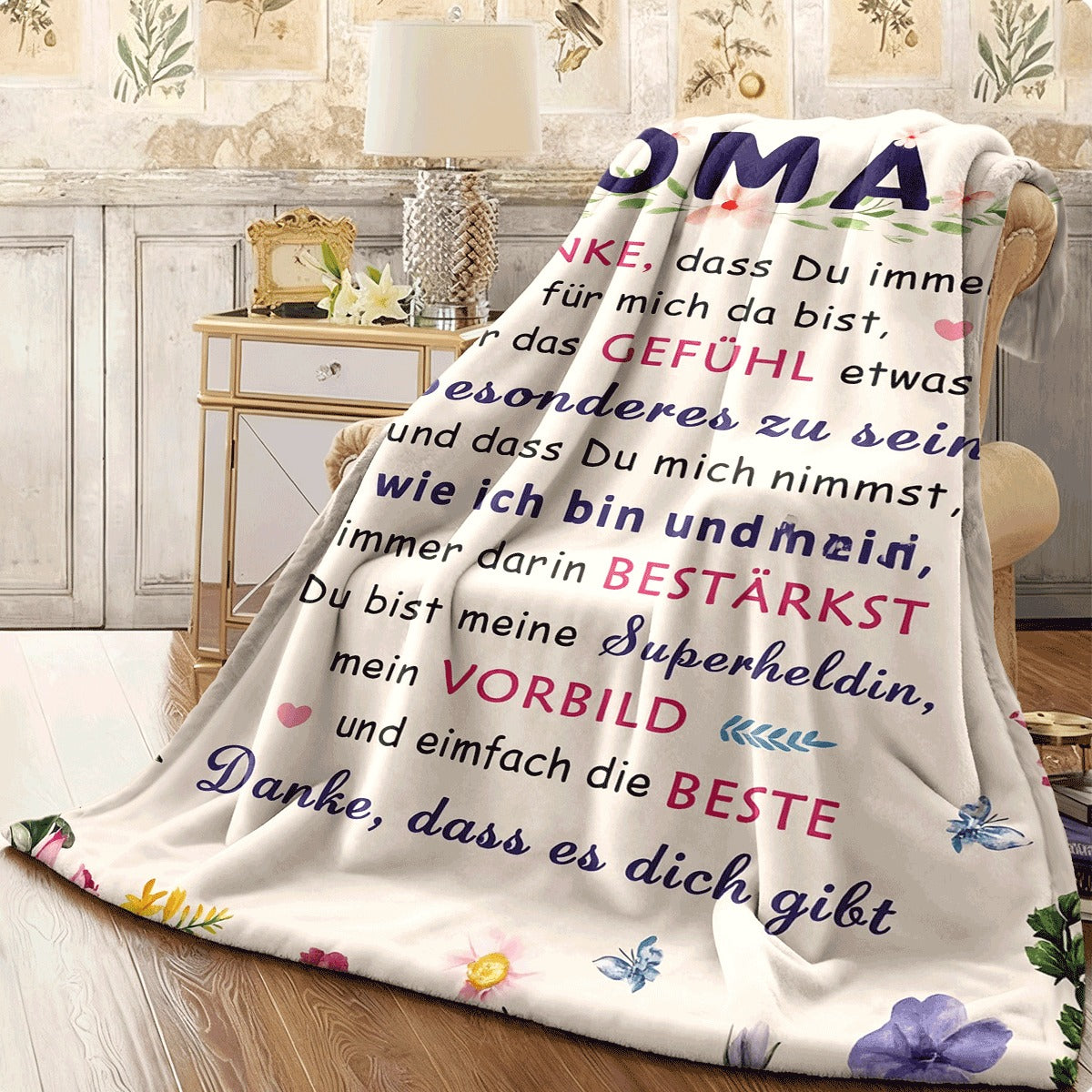 1pc Soft Flannel Grandma Gift Blanket with Vintage Floral Butterfly Design German OMA Text, Multicolor Throw for Birthday Anniversary, All-Season Couch Bedspread, 200-250G M, Cozy Home Dec