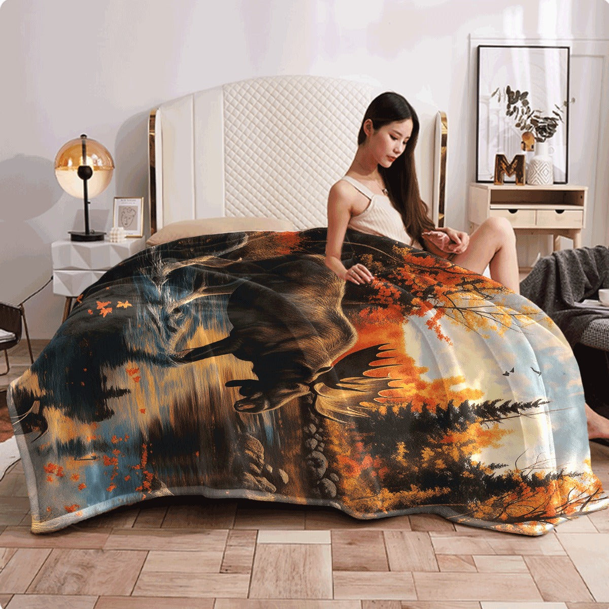 1pc Soft Flannel Blanket Autumn Landscape with Moose by Stream, Orange Red Fall Trees And Flying Birds Print, Cozy All-Season Sofa Bed Throw for Nature Lovers