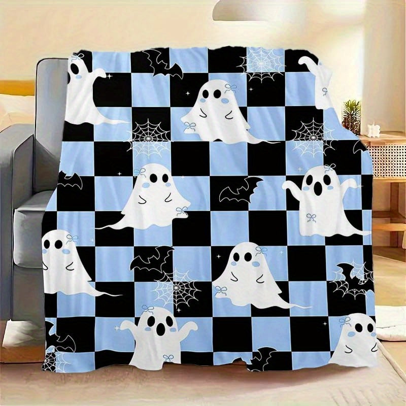 1pc 2D Printed Flannel Halloween-themed Blanket with and Plaid Print Design¡ªsoft, Warm, and Cozy, Lightweight and Durable, Available in Multiple Sizes, Perfect for Halloween Parties, Holiday Decorations, Living Room Lounging, and Bedroom Warmth.